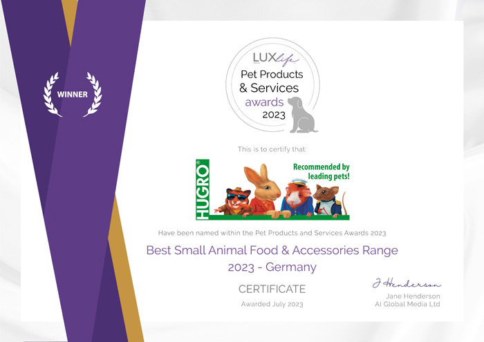 Hugro erhielt die Auszeichnung  "Best Small Animal Food & Accessories Range 2023 Germany".
