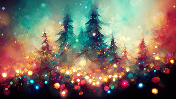 Magical forest with christmas trees and glowing lights