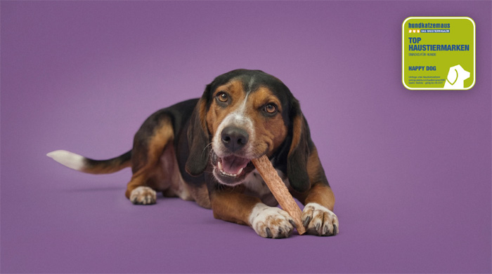 Happy Dog Duke snackt die neuen Happy Dog Dental Chews. Bild: Interquell